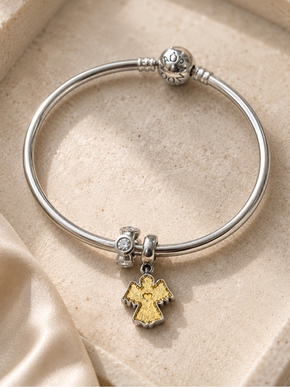 Pandora Sterling Silver Bangle Bracelet Two-Tone Gold Angel Charm & CZ Spacer